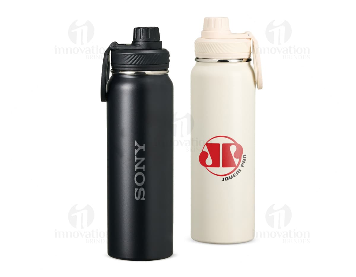 Garrafa Térmica 850ml em aço inoxidável com tampa de rosca e alça para transporte. Cor predominante: prata.