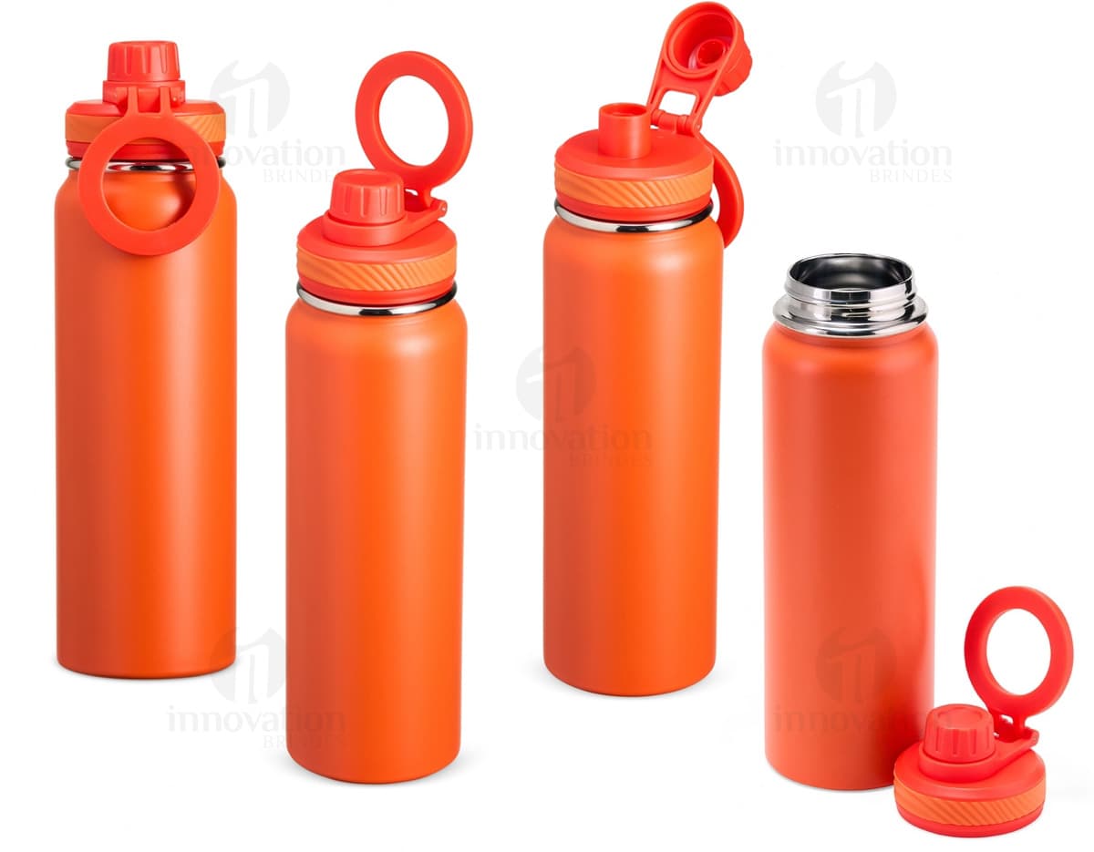 Garrafa Térmica 850ml em aço inoxidável com tampa de rosca e alça para transporte. Cor predominante: prata.
