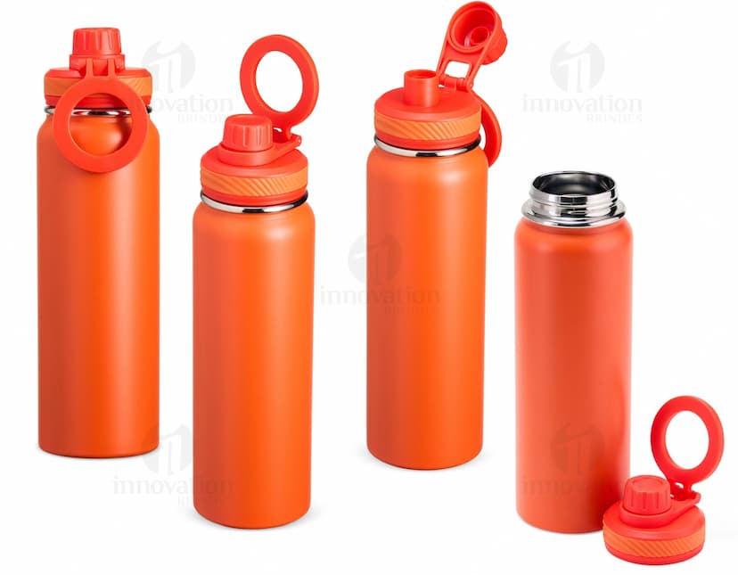 Garrafa Térmica 850ml em aço inoxidável com tampa de rosca e alça para transporte. Cor predominante: prata.