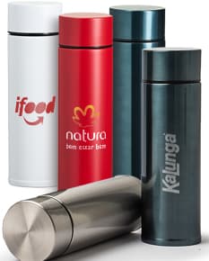 Garrafa térmica em inox de 320ml em destaque. Cor prateada, design elegante e tampa rosqueável. Ideal para manter a temperatura de líquidos por horas.