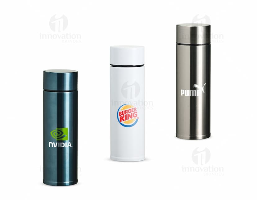 Garrafa térmica em inox de 320ml em destaque. Cor prateada, design elegante e tampa rosqueável. Ideal para manter a temperatura de líquidos por horas.