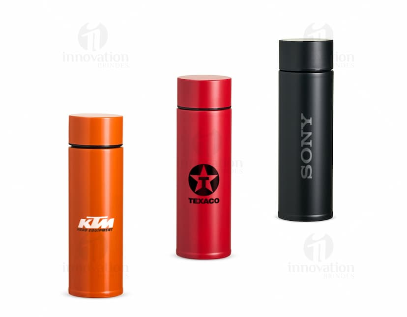 Garrafa térmica em inox de 320ml em destaque. Cor prateada, design elegante e tampa rosqueável. Ideal para manter a temperatura de líquidos por horas.