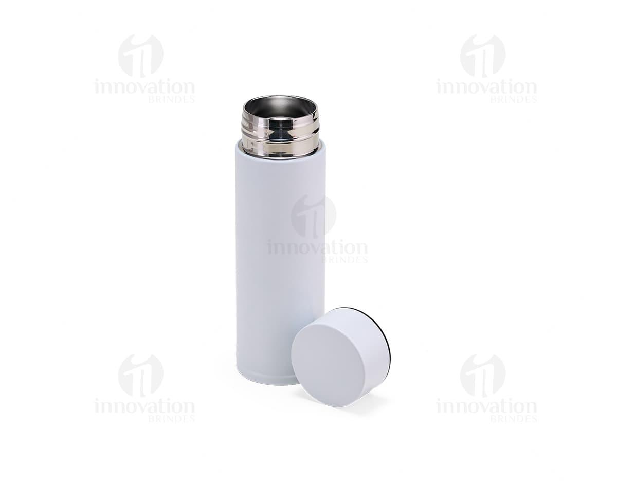Garrafa térmica em inox de 320ml em destaque. Cor prateada, design elegante e tampa rosqueável. Ideal para manter a temperatura de líquidos por horas.