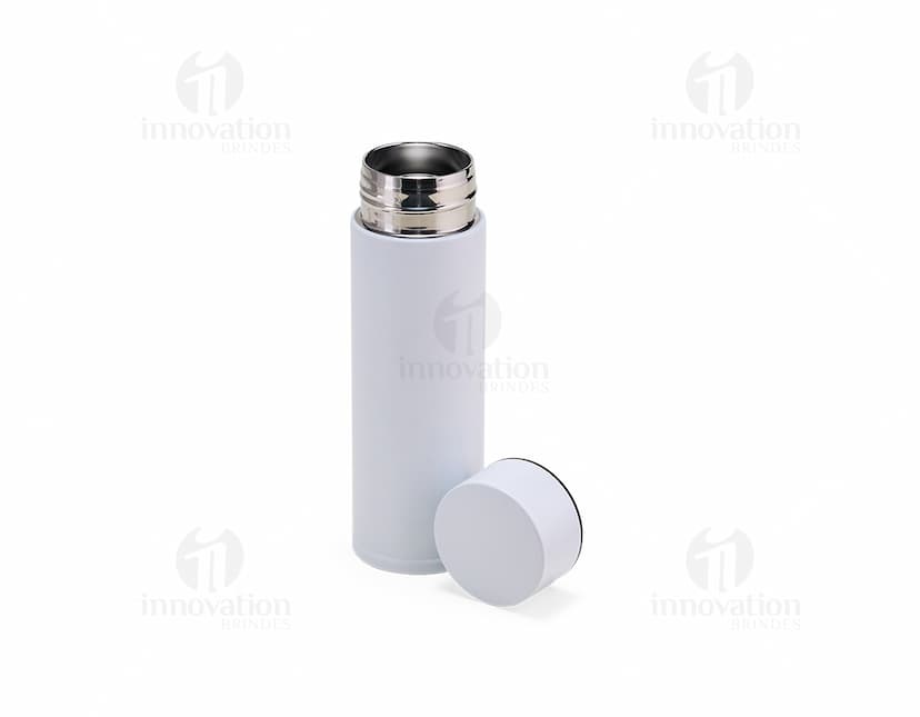 Garrafa térmica em inox de 320ml em destaque. Cor prateada, design elegante e tampa rosqueável. Ideal para manter a temperatura de líquidos por horas.