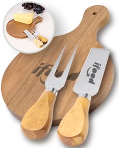 Kit queijo de 3 peças em aço inoxidável e madeira, contendo faca, garfo e espátula. Ideal para servir queijos de forma prática e elegante.