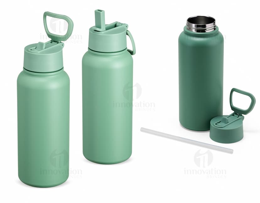 Garrafa térmica de 900ml em plástico transparente com tampa amarela. Perfeita para armazenar líquidos quentes ou frios. Ideal para manter a bebida fresca durante horas.