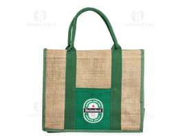 Sacola de linho marrom vazia com detalhes em metal e alças de couro, perfeita para compras e acessórios de moda de luxo.