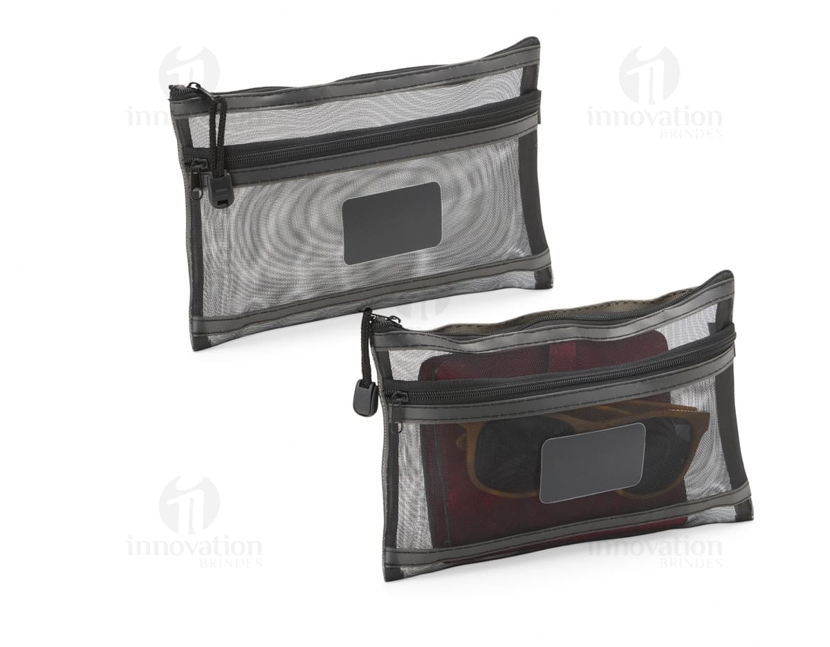 Estojo de malha de nylon preto com fecho de fivela, design moderno e elegante. Ideal para armazenar dinheiro, objetos pessoais e acessórios de negócios com estilo e praticidade.