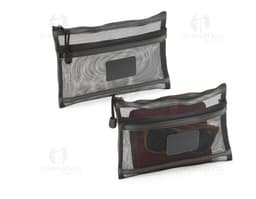 Estojo de malha de nylon preto com fecho de fivela, design moderno e elegante. Ideal para armazenar dinheiro, objetos
