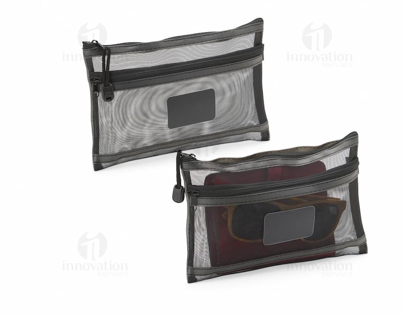Estojo de malha de nylon preto com fecho de fivela, design moderno e elegante. Ideal para armazenar dinheiro, objetos pessoais e acessórios de negócios com estilo e praticidade.
