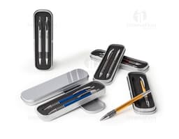 Set of pen and pencil made of metal, ideal for writing and office work. The pen features an elegant design in black, while