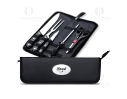 BBQ Set 5 Pieces in stainless steel containing knife, fork, spatula, tongs, and cleaning brush, ideal for barbecues.