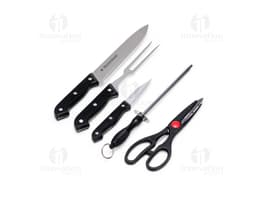 BBQ Set 5 Pieces in stainless steel containing knife, fork, spatula, tongs, and cleaning brush, ideal for barbecues.