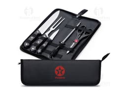 BBQ Set 5 Pieces in stainless steel containing knife, fork, spatula, tongs, and cleaning brush, ideal for barbecues.