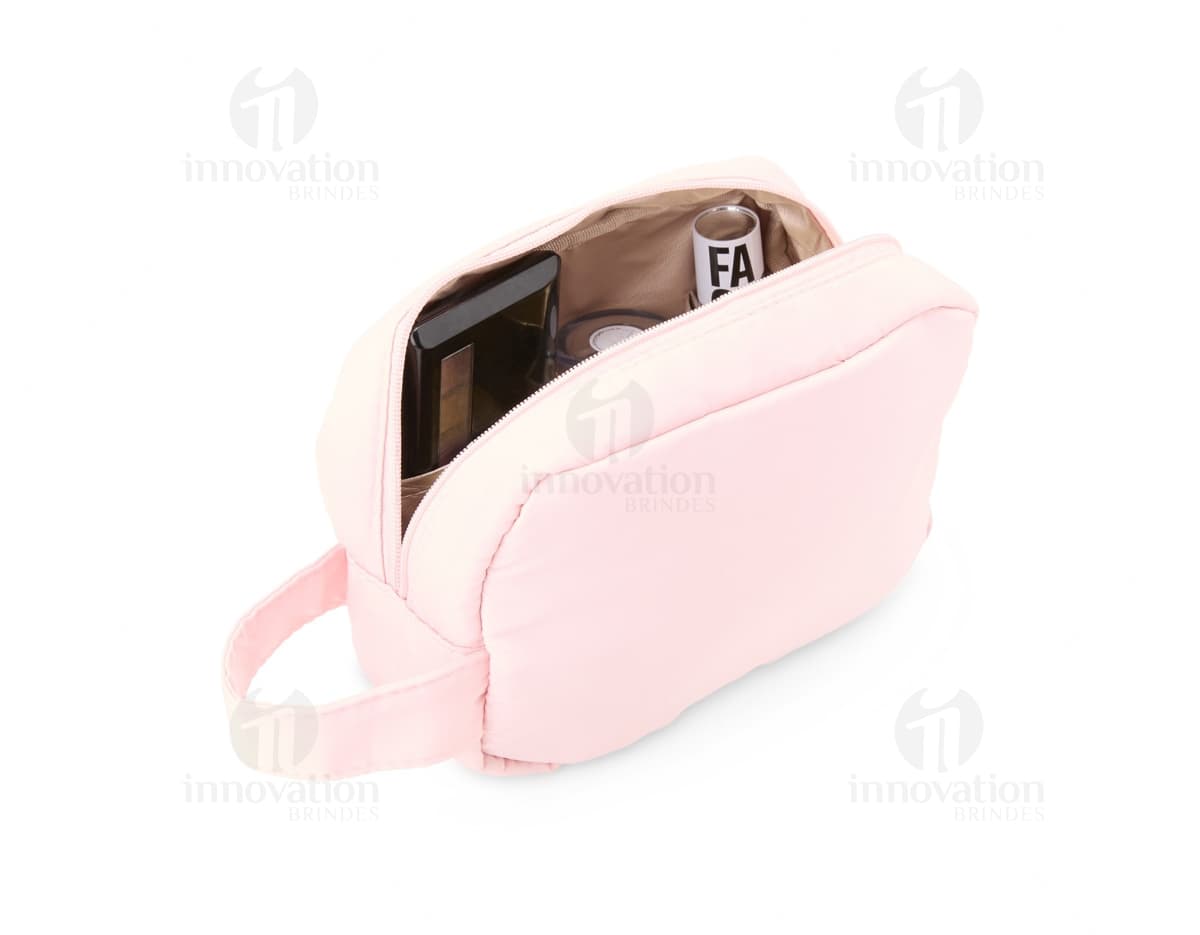 necessaire de poliéster rosa vazia com design moderno, símbolo de economia e finanças, objetos domésticos em destaque.