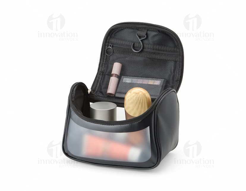 Nécessaire PU preto de luxo em estilo moderno. Feito de couro PU, possui zíper, alça e detalhes em metal. Perfeito para viagens, trabalho ou cuidados pessoais. Elegante e prático, ideal para profissionais de negócios ou para quem busca uma bolsa de mão sofisticada.