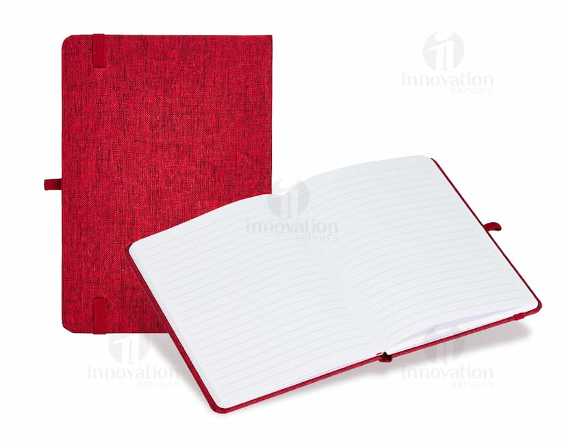 Caderneta em linho com porta caneta, em cores neutras, com capa protetora, folhas em branco e fecho de elástico. Ideal para anotações no escritório, reuniões de negócios ou estudos. Design vintage e textura de linho, perfeito para decoração ou uso pessoal.