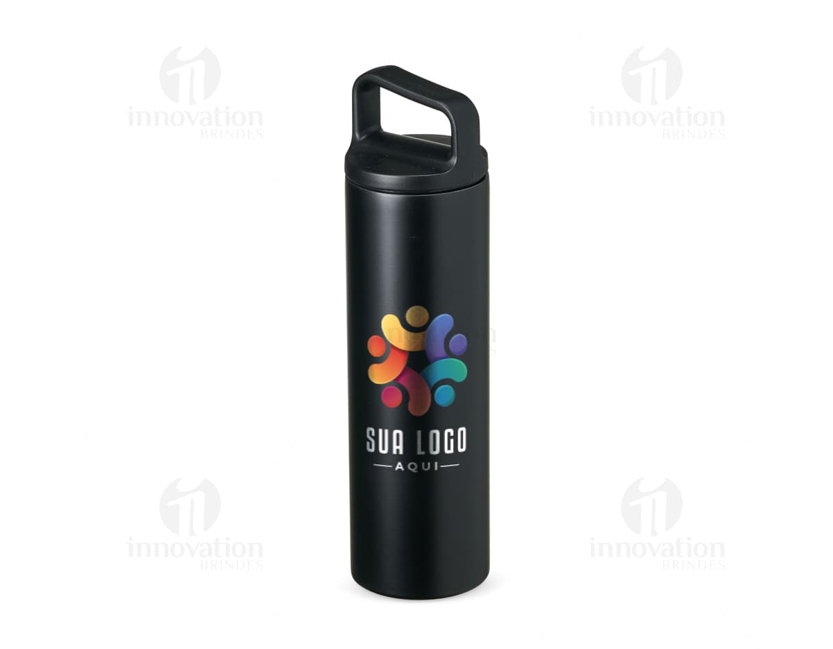 Garrafa térmica 600ml em metal prateado e design clean. Objeto de tecnologia que mantém líquidos quentes ou gelados por horas.