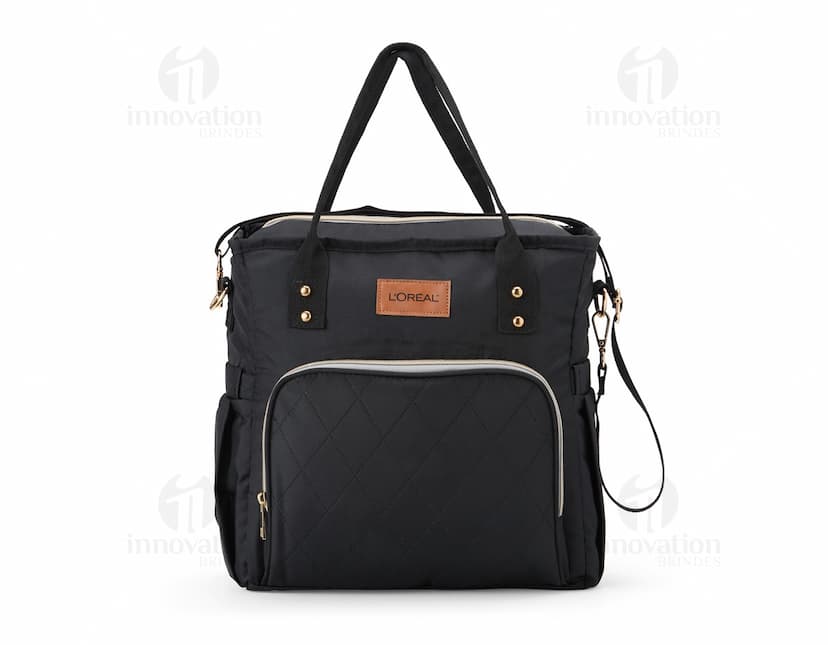 Bolsa térmica de 16 litros em couro marrom, elegante e moderna. Possui alça, zíper, alça de mão e fecho de fivela. Ideal para transportar alimentos e bebidas de forma segura e estilosa.