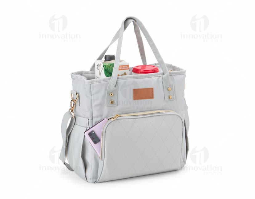 Bolsa térmica de 16 litros em couro marrom, elegante e moderna. Possui alça, zíper, alça de mão e fecho de fivela. Ideal para transportar alimentos e bebidas de forma segura e estilosa.