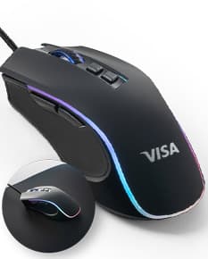 Mouse para jogos em cor preta e prata, com tecnologia óptica, botões de clique e rolagem, cabos de conexão, design moderno e sem fio. Ideal para uso em jogos de computador e equipamentos eletrônicos.