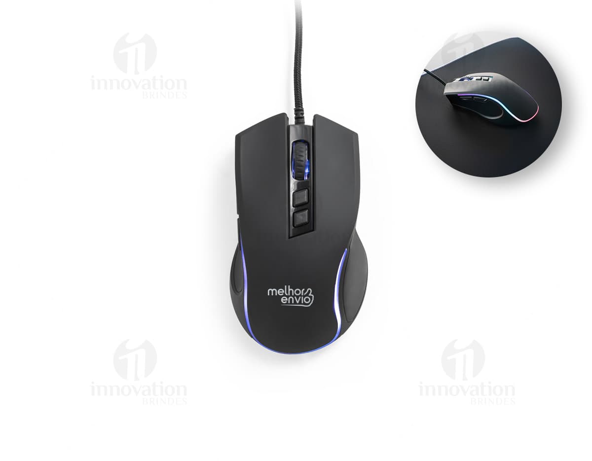 Mouse para jogos em cor preta e prata, com tecnologia óptica, botões de clique e rolagem, cabos de conexão, design moderno e sem fio. Ideal para uso em jogos de computador e equipamentos eletrônicos.