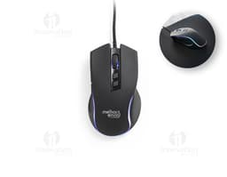 Mouse para jogos em cor preta e prata, com tecnologia óptica, botões de clique e rolagem, cabos de conexão, design moderno e