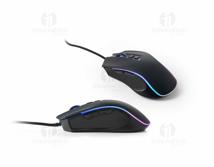 Mouse para jogos em cor preta e prata, com tecnologia óptica, botões de clique e rolagem, cabos de conexão, design moderno e sem fio. Ideal para uso em jogos de computador e equipamentos eletrônicos.