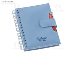 Agenda Wire-o com capa azul, espaço para anotações e espiral na lateral.