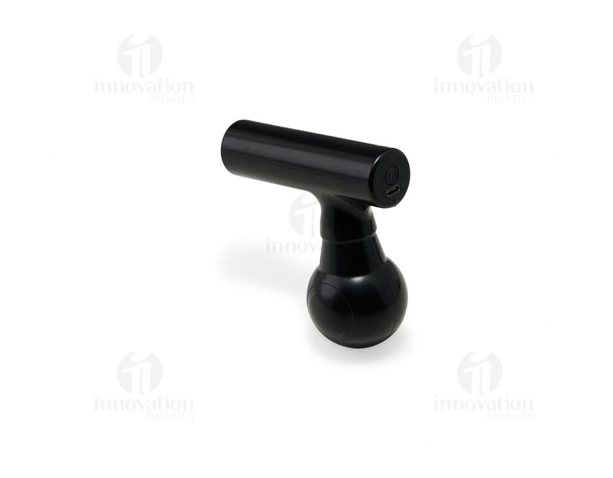 Massageador portátil de cor rosa, com design compacto e botões de controle na parte frontal.