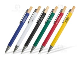 Silver metal pen with gold accents and removable cap.