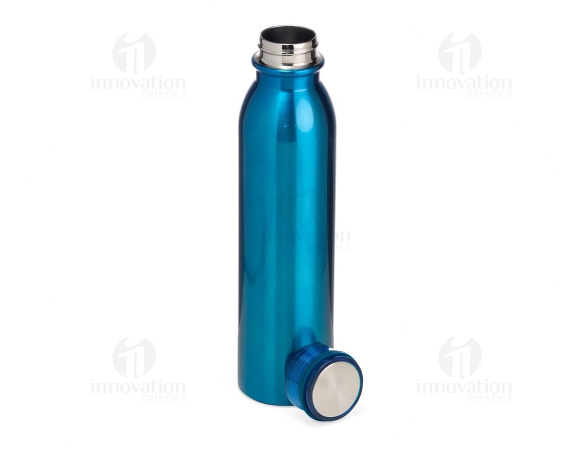 Garrafa Térmica Inox 800ml, na cor prata com tampa rosqueável e alça para transporte.