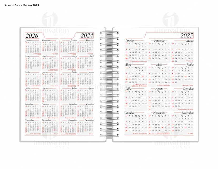 Agenda executiva em couro preto com fecho metálico e folhas de papel em branco.