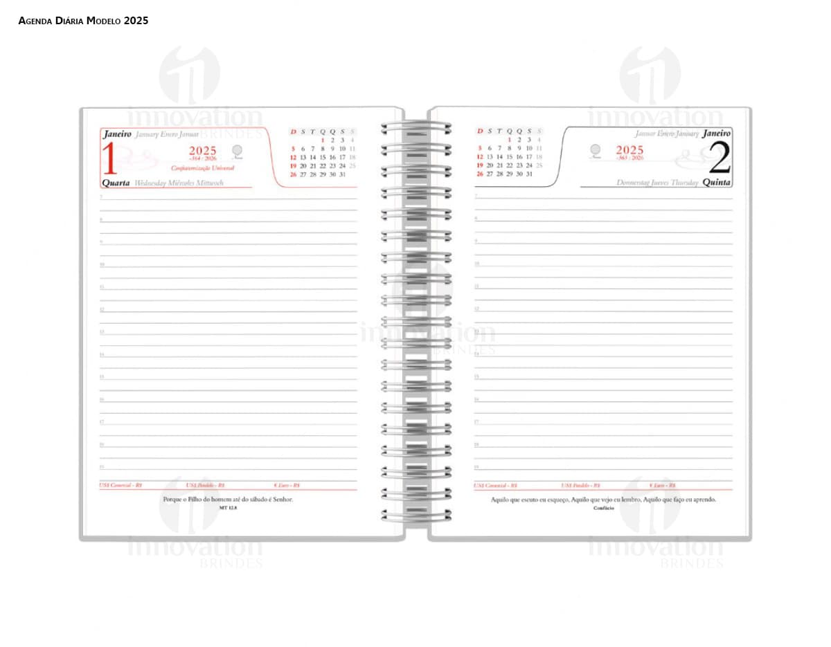 Agenda executiva em couro preto com fecho metálico e folhas de papel em branco.
