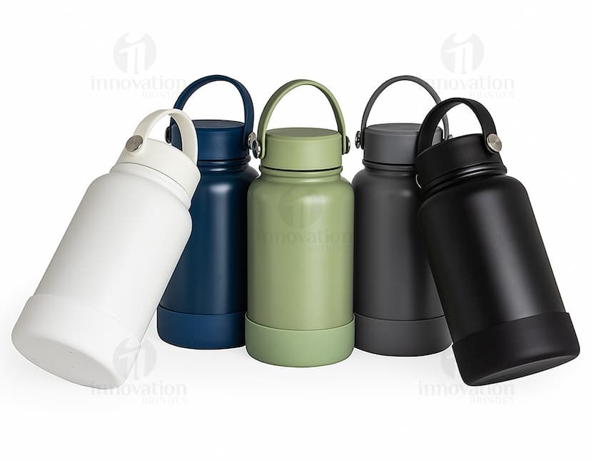 Garrafa térmica de 700ml em aço inoxidável com tampa rosqueável e alça dobrável.
