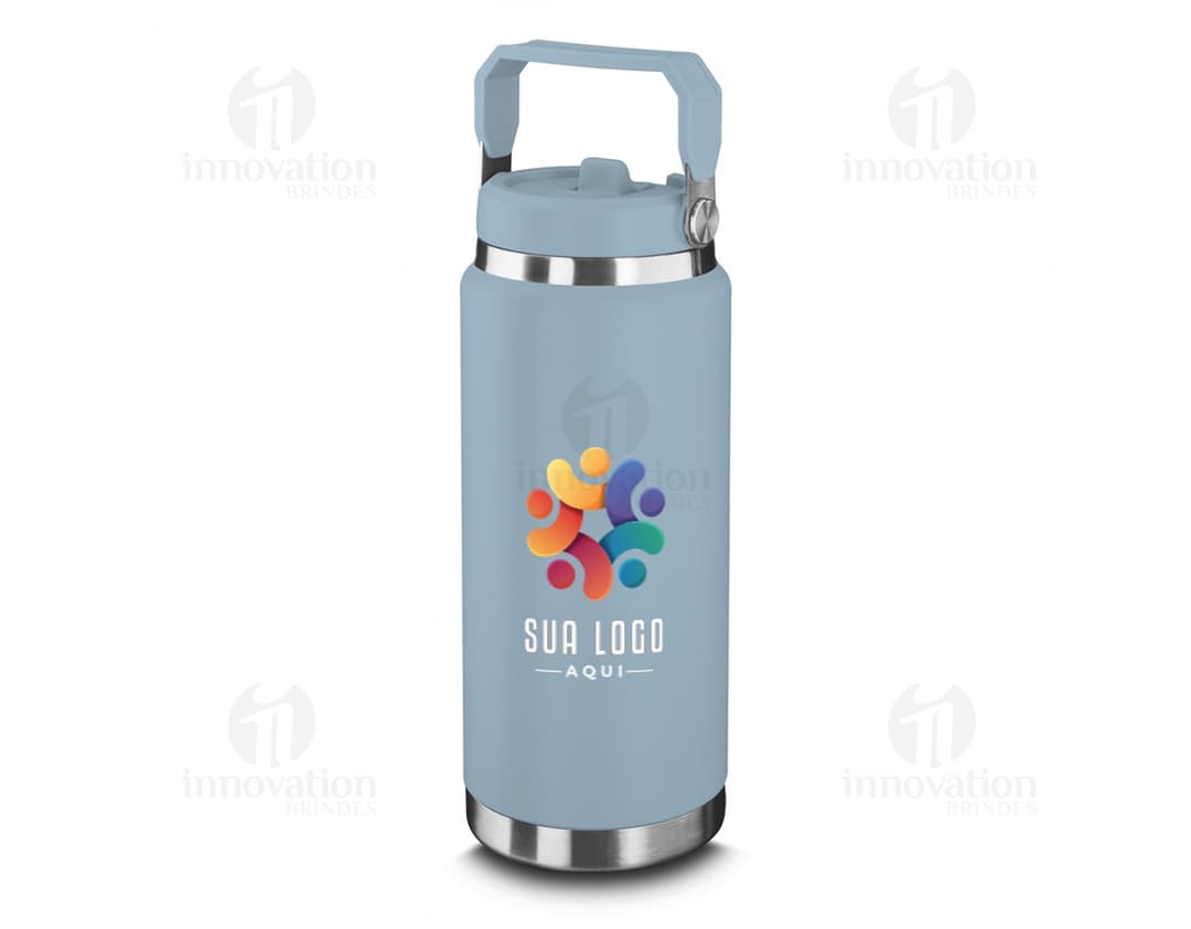 Garrafa térmica de 850ml em aço inoxidável, com tampa vermelha e design moderno.