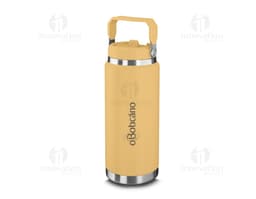 Garrafa térmica de 850ml em aço inoxidável, com tampa vermelha e design moderno.