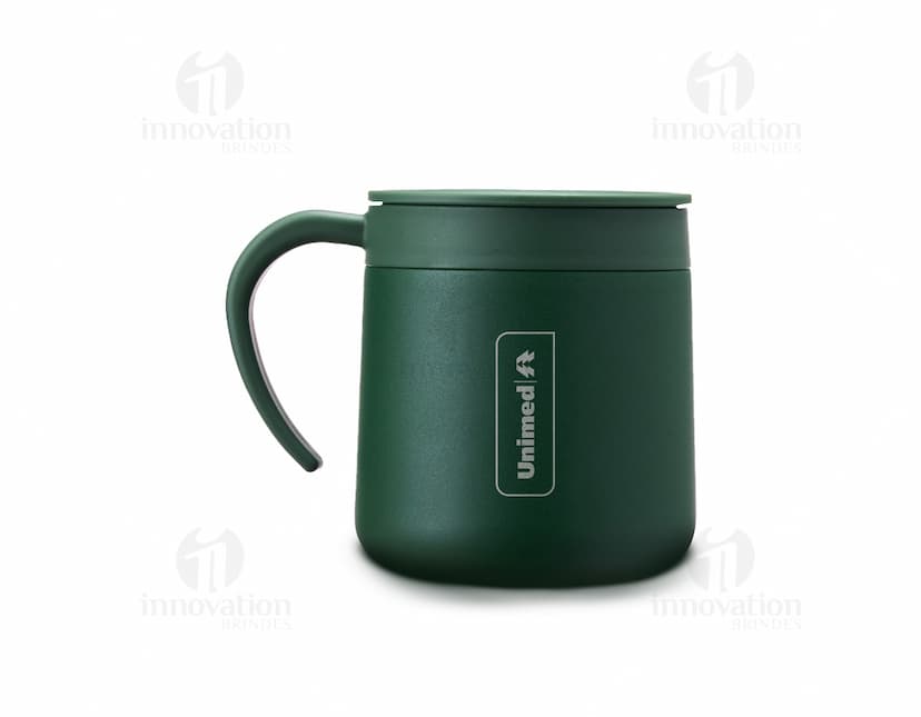 Caneca Térmica Inox 350ml em fundo branco, sem estampa, com tampa rosqueável e alça para transporte.