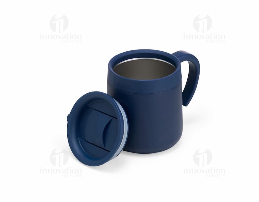 Caneca Térmica Inox 350ml em fundo branco, sem estampa, com tampa rosqueável e alça para transporte.