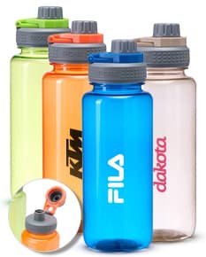 Squeeze Plástica 1 Litro transparente, com tampa rosqueável e bico para beber.