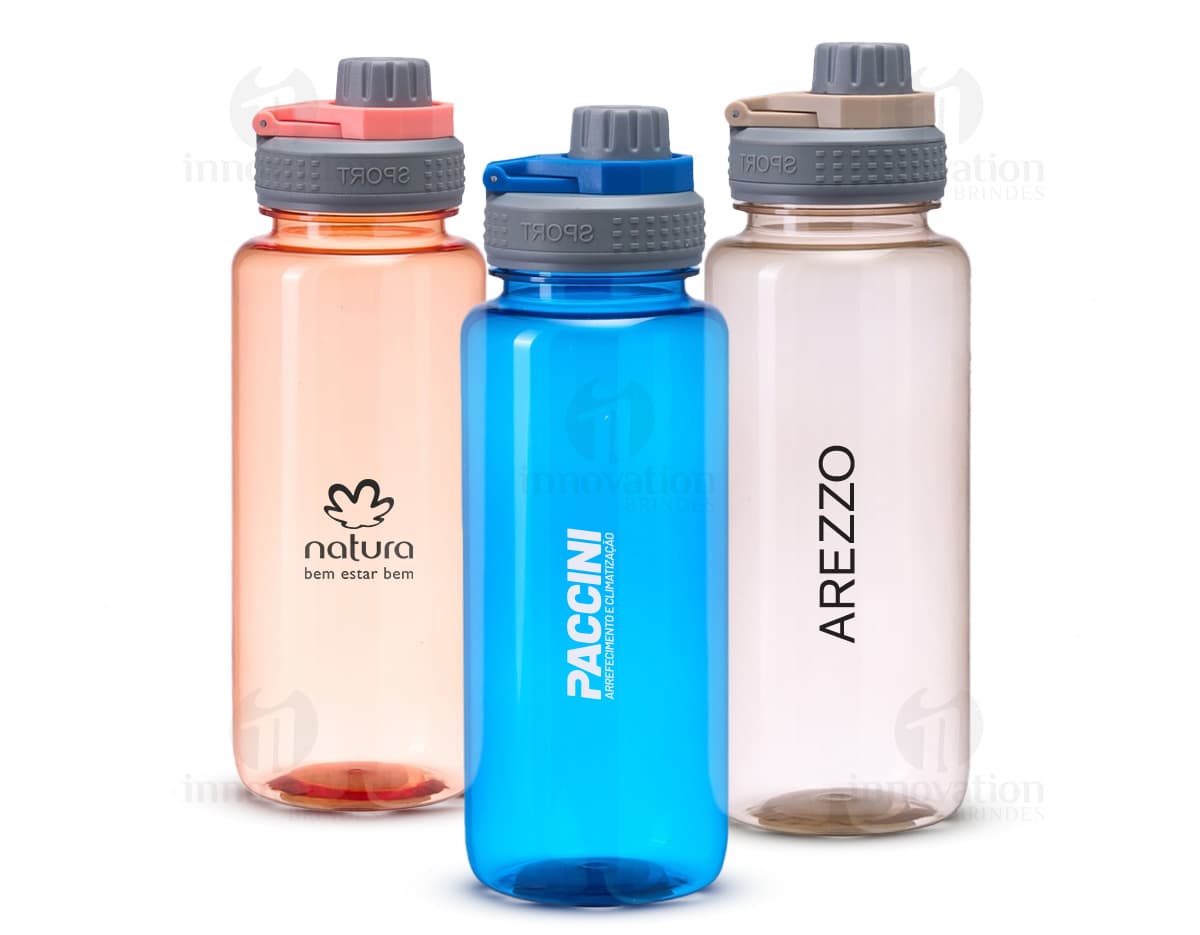 Squeeze Plástica 1 Litro transparente, com tampa rosqueável e bico para beber.