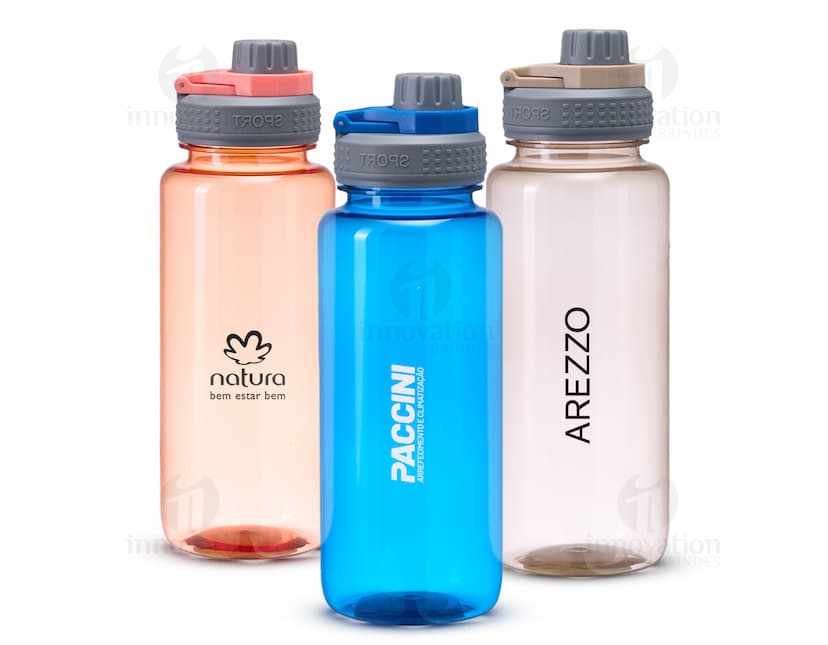 Squeeze Plástica 1 Litro transparente, com tampa rosqueável e bico para beber.