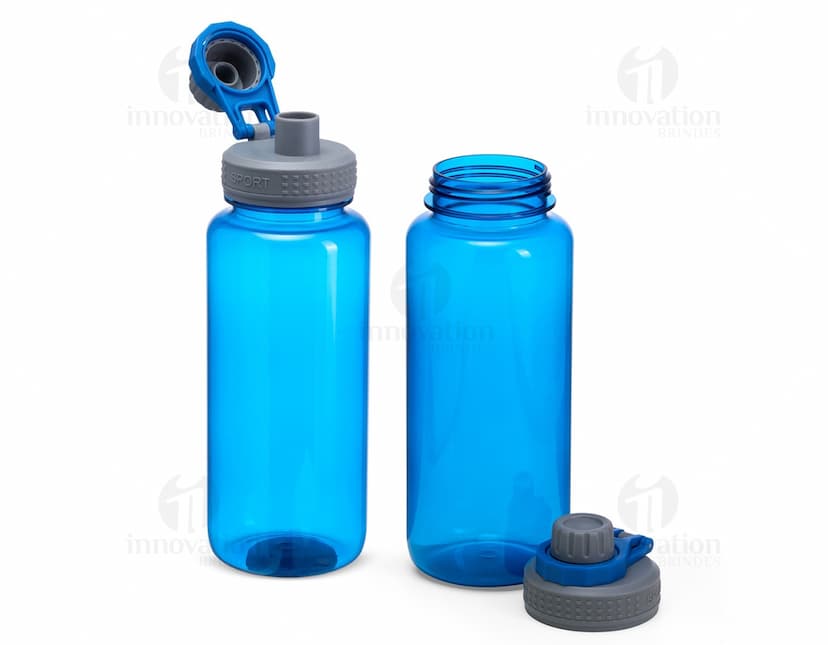Squeeze Plástica 1 Litro transparente, com tampa rosqueável e bico para beber.
