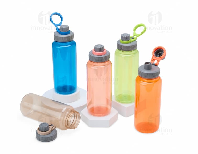 Squeeze Plástica 1 Litro transparente, com tampa rosqueável e bico para beber.