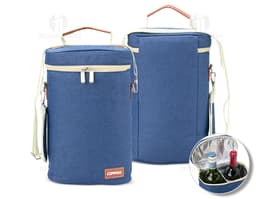 Porta-Botellas Térmico Doble en acero inoxidable con diseño elegante y asa para facilitar el transporte. Ideal para mantener