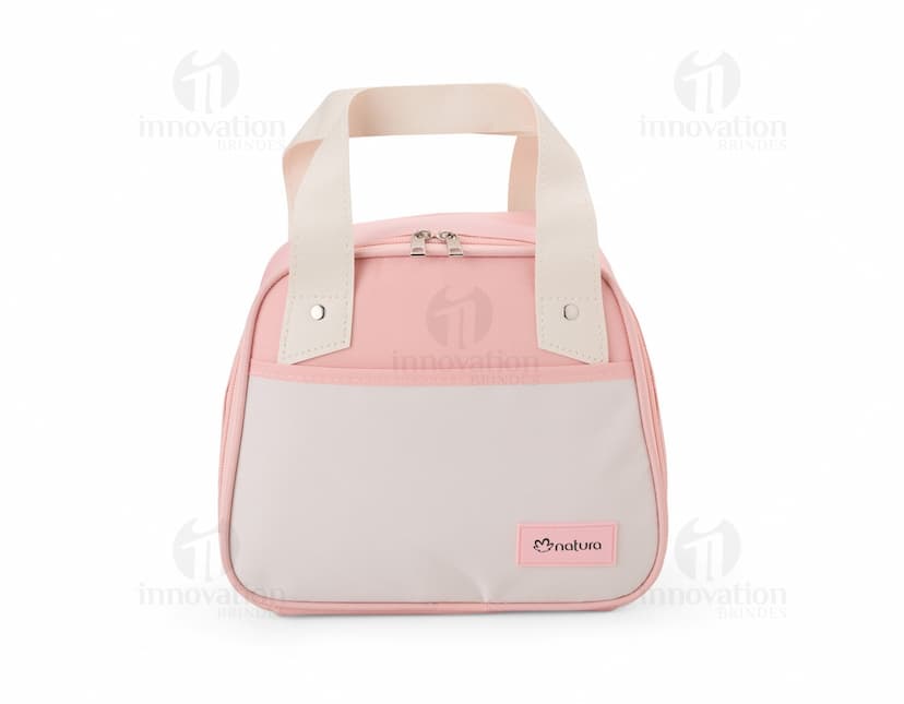 Bolsa térmica de 5 litros em tom de rosa claro, com alça ajustável e fecho em zíper.