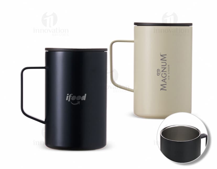 Caneca inox de parede dupla com capacidade de 350ml, ideal para manter a temperatura de bebidas.