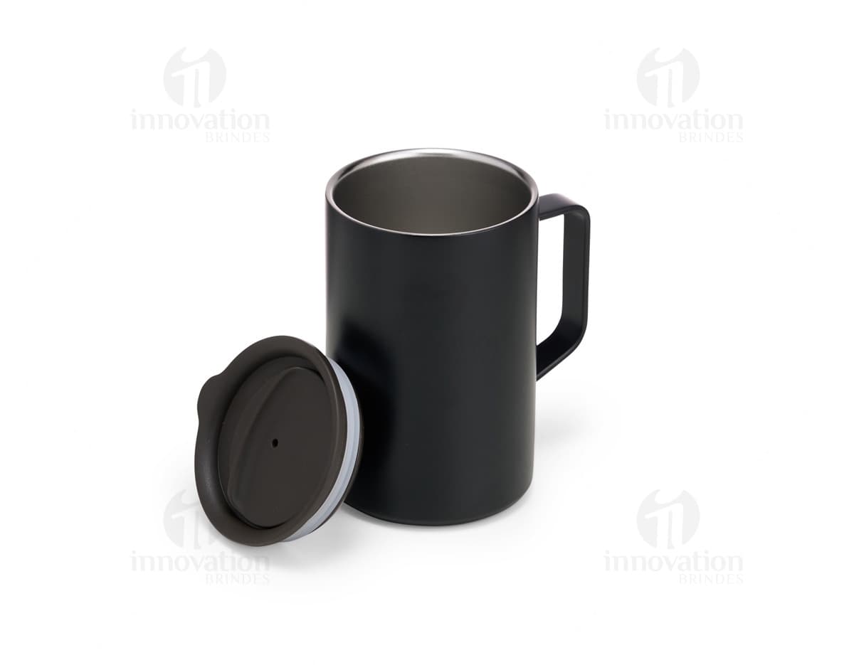Caneca inox de parede dupla com capacidade de 350ml, ideal para manter a temperatura de bebidas.