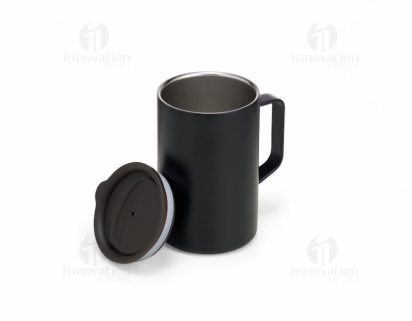 Caneca inox de parede dupla com capacidade de 350ml, ideal para manter a temperatura de bebidas.