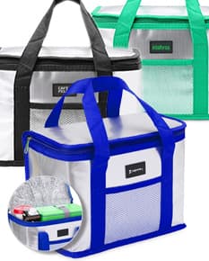 Bolsa térmica de 9,5 litros em cor azul, feita de material resistente e com alça ajustável.